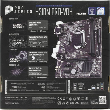 Мат. плата MSI H310M PRO-VDH (RTL) LGA1151 <H310> PCI-E Dsub+DVI+HDMI GbLAN SATA MicroATX 2DDR4-8