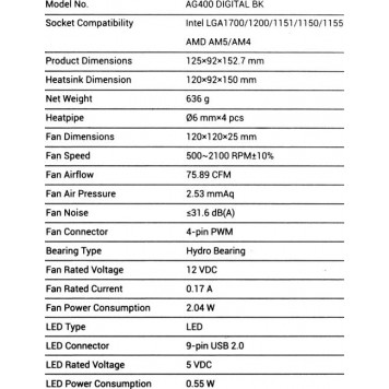 Охладитель Deepcool <R-AG400-BKNDMN-G-2> AG400 DIGITAL BK (115x/1200/1700/AM4/AM5, 31.6дБ,500-2100об/мин,Al+тепл.трубки)-9