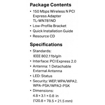 Сетевая карта TP-LINK <TL-WN781ND> Wireless N PCI Express Adapter (802.11b/g/n, 150Mbps, 2dBi)-8
