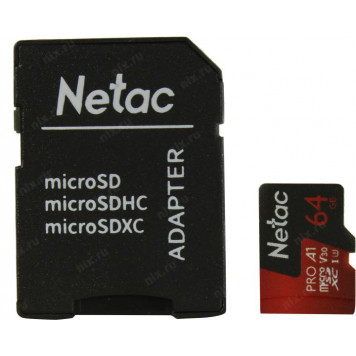 Карта памяти Netac <NT02P500PRO-064G-R> microSDXC Memory Card 64Gb A1 V30 UHS-I U3 + microSD-->SD Adapter-2