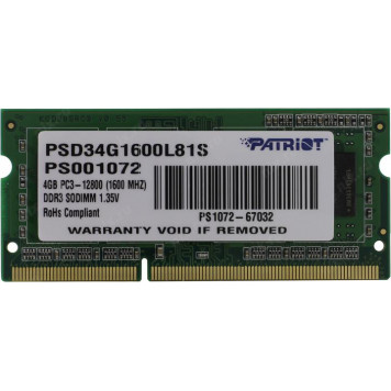 Модуль памяти Patriot <PSD34G1600L81S> DDR3 SODIMM 4Gb <PC3-12800> CL11 (for NoteBook)-2