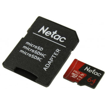 Карта памяти Netac <NT02P500PRO-064G-R> microSDXC Memory Card 64Gb A1 V30 UHS-I U3 + microSD-->SD Adapter-1