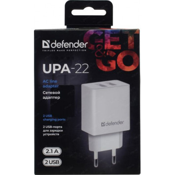 Зарядное устр-во Defender UPA-22 White <83580> Зарядное устройство USB (Вх. AC100-240V, Вых. DC5V,  2xUSB 2.1A)-8