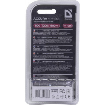 Манипулятор типа мышь Defender Wireless Optical  Mouse Accura <MM-665 Red> (RTL) USB  6btn+Roll беспр.<52668>-10